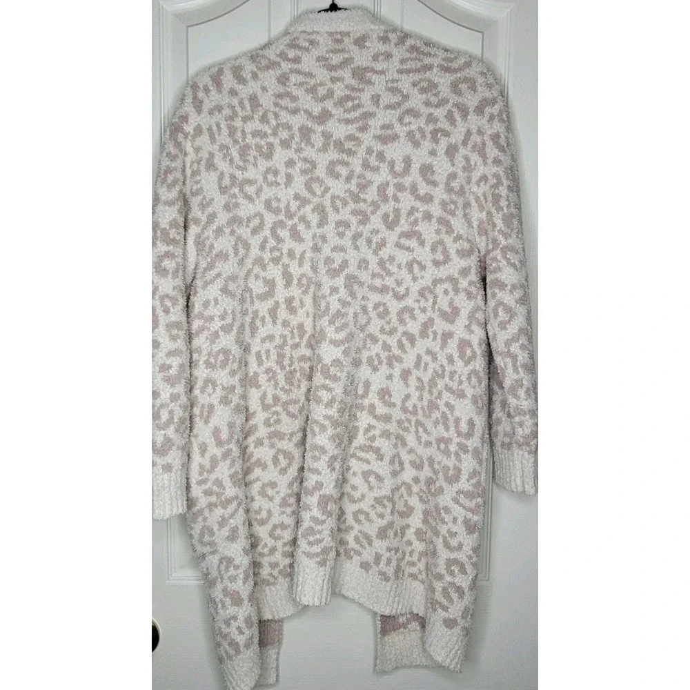 Pink Lily Beige White Knit Cozy Cardigan‎ Sweater Leopard Print Pockets S Women